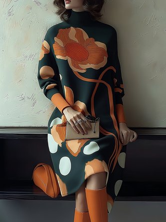 Urban Floral Printing Mock Neck Knee Length Dress