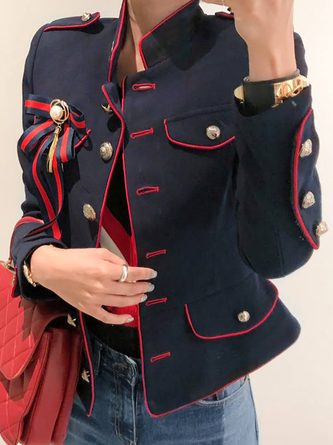 Stand Collar Color Elegant Jacket Brooch not included