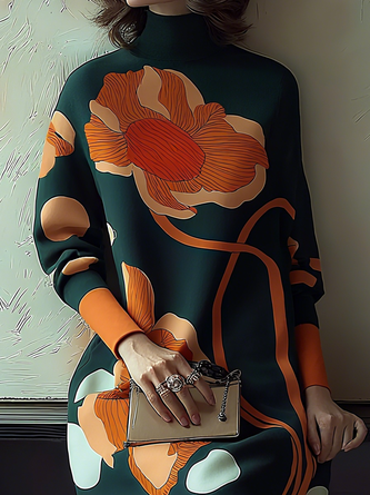 Urban Floral Printing Mock Neck Knee Length Dress