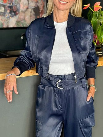Urban Zipper Plain Crew Neck Jacket