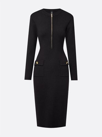 Urban Plain Zipper Crew Neck Sweater Midi Dress