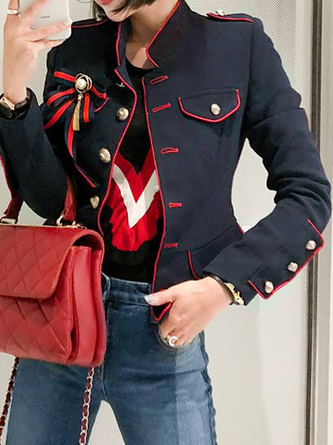 Stand Collar Color Elegant Jacket Brooch not included