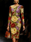 Elegant Floral Printing Crew Neck Knee Length Dress